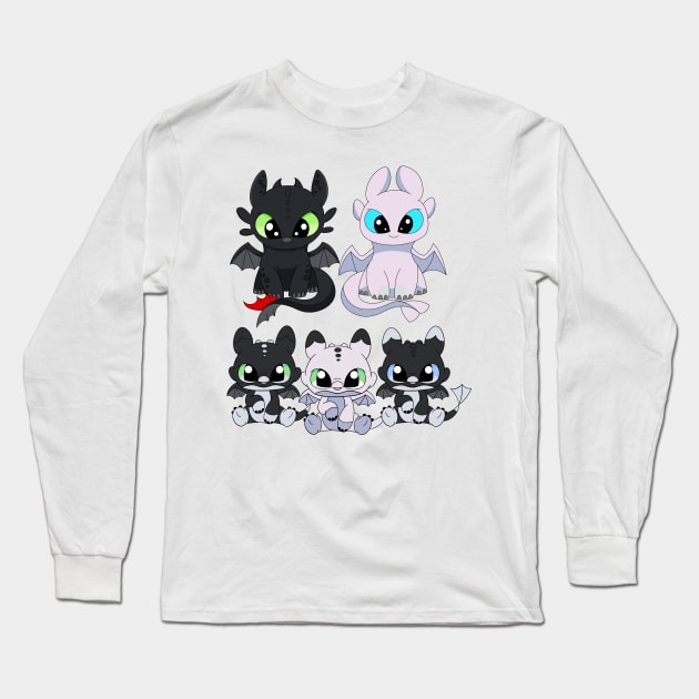 Cute dragon family, baby night fury set, toothless light fury, night lights dragon babies Long Sleeve T-Shirt by PrimeStore